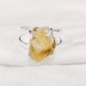 Bijoux en pierre brute Bague pour femme Citrine brute naturelle Pierre précieuse Novembre Pierre de naissance martelée 2 bandes Fête Bague en argent sterling 925 - Product Image 3