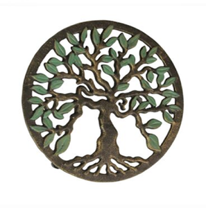 Salvamanteles "Árbol de la vida" de metal en tono bronce con detalles de hoja verde para protección de mesa de cocina disponible a precios baratos al por mayor - Product Image 1