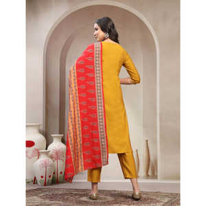 Women's Pure <b>Silk</b> Round Neck Straight <b>Kurta</b> & Trousers with Dupatta Mustard Embroidered Indian & Pakistani Clothing - Product Image 3