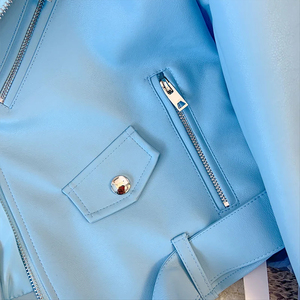 เสื้อโค้ททั่วไปสำหรับทุกเพศสีดำสีขาวท้องฟ้าสีฟ้าแจ็คเก็ตหนังเทียม PU แขนยาวเข็มขัดปกฤดูหนาวสตรีทแวร์ผ้าใบด้านหน้า - Product Image 6