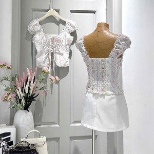 Women Korean Style Floral Lace Up Top and White Skort Two Piece <b>Set</b> Puff Sleeve Summer Outfit - Product Image 2