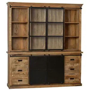 Industrial Large Mango Wood Teak Buffet Cupboard Display Case Cabinet Sideboard With Iron Mangowooden Sliding Door 200 CM Wide