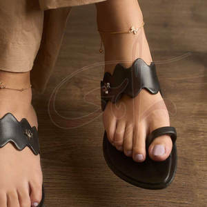 Women's Anti-Slippery Sliders with Faux Leather Upper Natural Leather Midsole Striking Scallop Strap & All-Black Design - Product Image 5