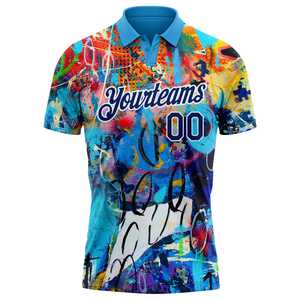 Último diseño de alta calidad patrón de grafiti personalizado Royal White 3D Performance Golf Polo Shirt logotipo bordado y nombre del equipo - Product Image 2