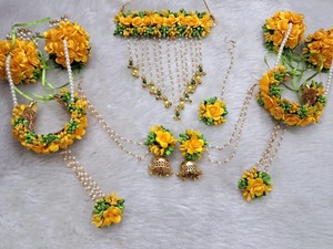 Hecho a mano islámico tradicional verde amarillo flores artificiales novia Floral collar pendientes Maang Tikka boda Mehndi joyería - Product Image 4