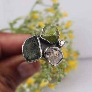 Raw Moldavite Herkimer Diamond <b>Ring</b> Sterling Silver Statement Stone <b>Ring</b> for Her - Product Image 3