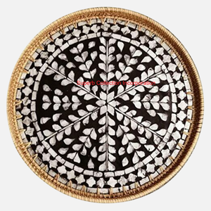 Ensemble de plateau de service en rotin tissé avec poignées en mosaïque verte plateau en osier rond décoratif pour la Table de cuisine à la maison et le service de fête - Product Image 3