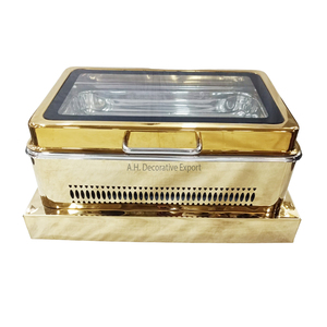 Plato de frotamiento de metal de alta calidad, forma cuadrada, plato de frotamiento calentado para alimentos con acabado plateado con tapa de vidrio y base de soporte con pies - Product Image 5