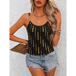 Women'<b>s</b> Strappy Round Neck Patterned Viscose <b>Blouse</b>, 36808 - Black - Product Image 1