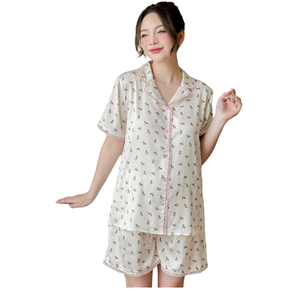 Conjunto de pantalones cortos de seda Floral crema de alta calidad para mujeres embarazadas y posparto diseño minimalista transpirable sin decoloración-Uso diario B639 - Product Image 1