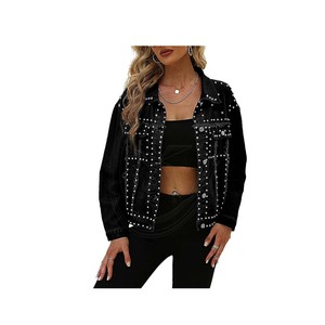 Mode femme recadrée Jean veste revers à manches longues varsity veste respirant boutonné clouté court Rivet Denim veste - Product Image 1