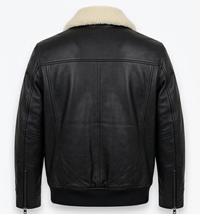 <b>Men</b> Premium Genuine Leather Bomber <b>Jacket</b> Zipper Closure Cozy Removable Fur Collar Winter Warmth Streetwear Style Quick Dry - Product Image 3