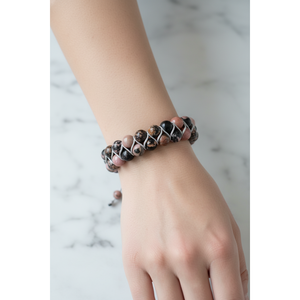 Pulsera de Piedra Natural de Rodonita de 8mm con Doble Hilera de Macramé - Product Image 3