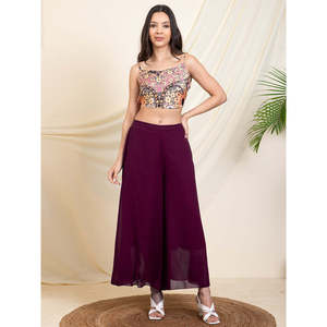 Ensemble en mousseline tissée à manches longues, uni et imprimé, couleur bordeaux, pour femmes, occasions indo-occidentales - Product Image 3