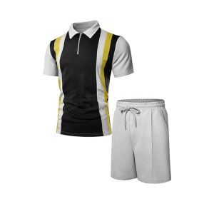 Survêtements d'été 2 pièces pour hommes, ensembles de shorts à manches courtes, tenues de survêtement 1/4 Zip Golf Polo Splicing Chemises à rayures - Product Image 1