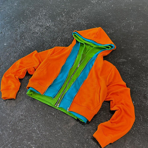 Sudaderas con capucha de triple capa lisas de peso pesado personalizadas con cremallera y bloque de color para Calle en blanco - Product Image 2