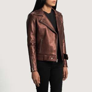 Chaqueta de Motociclista Otoñal Rumy Reversible de Cuero Marrón (Piel de Oveja) Personalizable, Chaqueta Bomber de Satén con Rayas de Poliéster y Algodón - Product Image 2