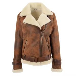 High Quality Vintage Cropped Vegan Leather Jacket for Women Turn Collar Shearling Jacket Lamb Fur Breathable Canva <b>Fabric</b> Adults - Product Image 1