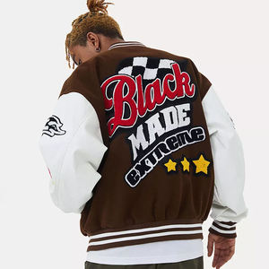 แจ็คเก็ตวาร์ซิตี้ผู้ชาย พรีเมียม ผ้าขนสัตว์และหนัง พร้อมป้ายเชนิลล์  แบบกำหนดเองลายการ์ตูนเลตเตอร์แมน - Product Image 1