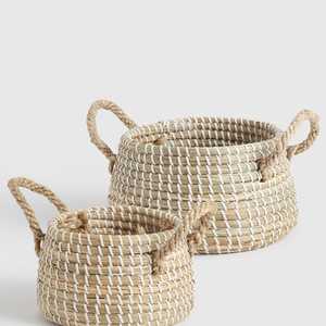 Eco-Friendly Handwoven <b>Seagrass</b> Multi Tone Storage <b>Basket</b> With Handle Perfect for Organizing and Adding Style - Product Image 6
