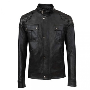 Veste moto en cuir véritable noir pour homme, col montant, fermeture à boutons, coupe ajustée, longueur normale, couleur unie 2027 - Product Image 1
