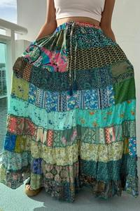 Mixed-Patchwork Maxi Satin <b>Skirt</b> Pockets One Size 100% <b>Silk</b> Casual Vintage Wrap Style Knitted Fit Silhouette Logo Waisted <b>Long</b>" - Product Image 5