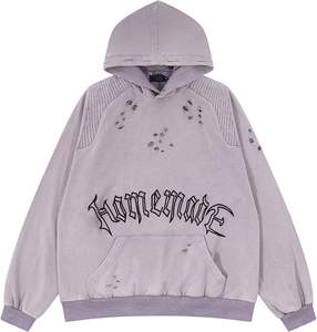 Sudadera con Capucha Vintage de Alta Calidad, Estilo Urbano, Hip Hop, Bordada, Desgastada, Rota, con Capucha - Product Image 1