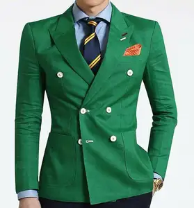 男士套装绿色双排扣尖顶翻领新郎礼服男士商务舞会派对外套西装长裤套装批发