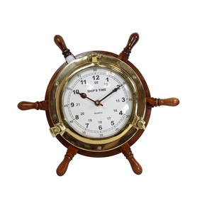 Roue de bateau en bois vintage avec horloge en laiton doré pour la décoration de la maison exportateur et fabrication de l'Inde. - Product Image 1