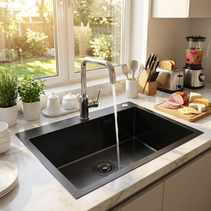 Évier simple 550x450mm en acier inoxydable 201 noir nano, à encastrer, pour cuisine d'appartement moderne, facile à nettoyer, fait main, garantie 5 ans - Product Image 1