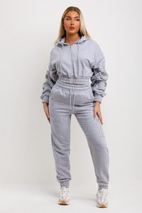 Vente en gros ensemble de survêtement gris 2 pièces pour femmes avec manches froncées surdimensionnées et 100% coton ensemble de survêtement jogger 2 pièces pour femmes - Product Image 2