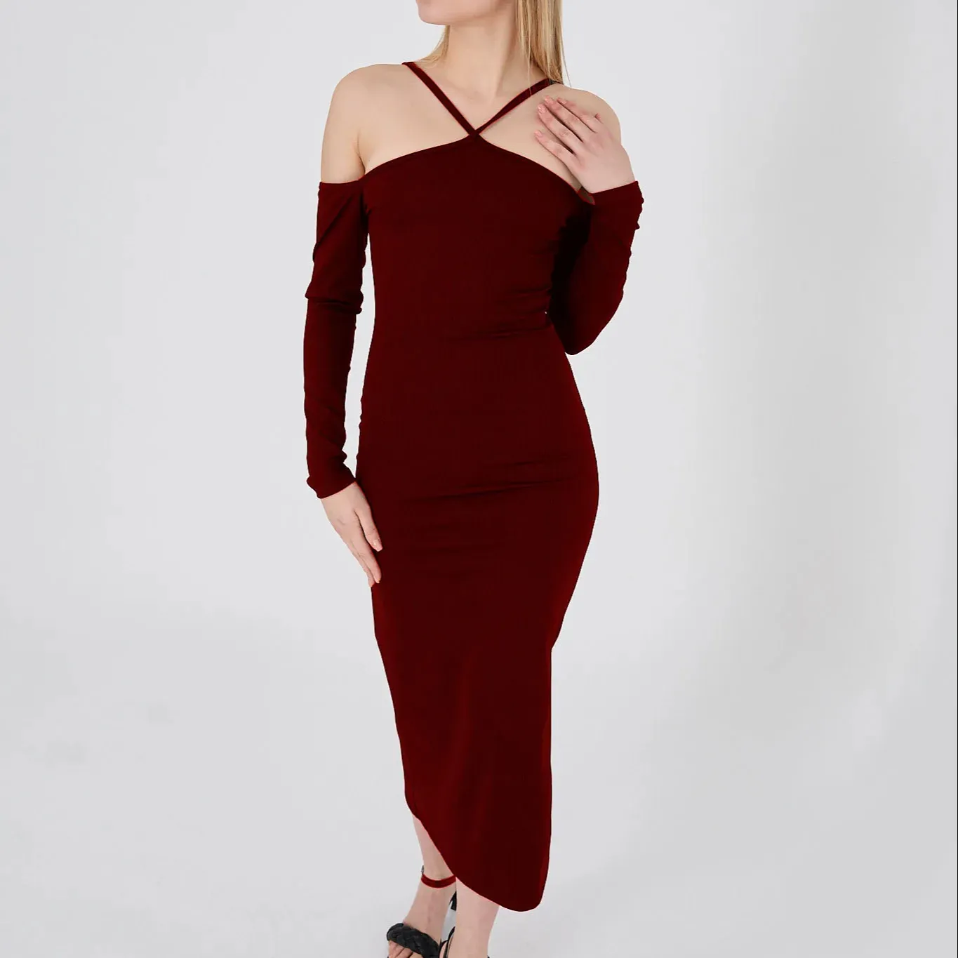 Gaun wanita panjang maxi warna burgundy, Gaun lengan rendah halter panjang maxi warna burgundy