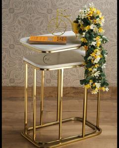 Mesa Auxiliar Moderna en Forma de C de Oro Blanco, Mesa Auxiliar Estrecha para Sofá o Cama - Product Image 2