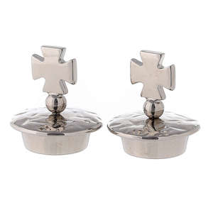 Vinagreras de Latón chapado en plata con tapas cruzadas simples, elegantes vasos de iglesia para agua, uso de masa litúrgica, accesorio de altar religioso - Product Image 1
