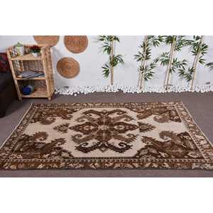 Turkish 6x7,4 ft Rug, Vintage Rug, <b>Brown</b> Ikat <b>Wool</b> Rug - Product Image 2