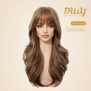 Molly-DWY 24 Inches Glueless Synthetic <b>Wig</b> for Women Mid-Length Wavy Layer Cut Golden Linen <b>Brown</b> Light <b>Brown</b> Natural Hairline - Product Image 2