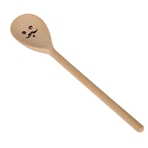 Una cuchara de cocina hecha a mano con madera maciza de haya europea (Fagus sylvatica), con un recorte en forma de bigote en la parte superior. - Product Image 1