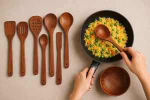 Ensemble de cuillères de cuisine en bois faites à la main | Ustensiles de cuisine écologiques | Ensemble de couverts en bois naturel - Product Image 4