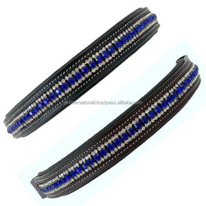 Banda de cuero para cejas de caballo, cómoda banda hecha a mano de canal vacío con relleno suave y costuras de bordes contrastantes con 3 filas de cristales azules ostentosos - Product Image 2