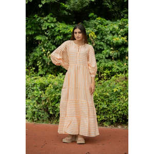 Pure Cotton Midi <b>Dress</b> Stripe Hand Block Print Boho Summer Sundress <b>Pockets</b> Artisan Style Beach Vacation Wear Bridesmaid <b>Dress</b> - Product Image 5