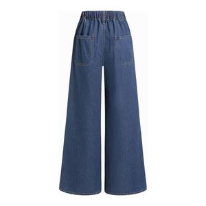 Custom Drawstring <b>Elastic</b> Waistband Wide Leg <b>Jeans</b> Women Breathable 100% Cotton Dark Wash High Quality Wholesale Trousers - Product Image 2