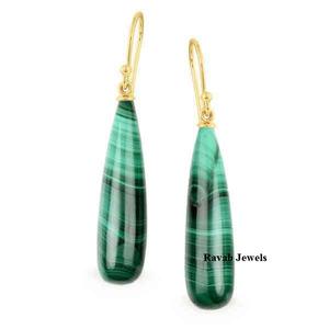 Boucles d'oreilles en argent sterling 925 de qualité exportée en malachite naturelle 9x30mm en forme de goutte plaqué or pour femmes - Product Image 1