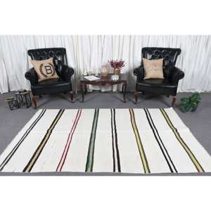 Alfombra moderna de lana blanca de 4,8x7,9 pies, diseño de retales de tejido plano turco, respaldo de látex para decoración para sala de estar para adolescentes - Product Image 2