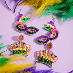 Pendientes Colgantes de Lentejuelas con Diseño de Máscara y Corona de Mardi Gras, Joyería Colorida para Festivales, Accesorios de Fiesta de Carnaval - Product Image 1