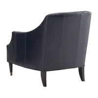 Fauteuil club contemporain en cuir bleu, design minimaliste, base en bois massif et accents dorés