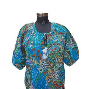 Floral Print Short Puff Sleeves Casual <b>Office</b> Wear Women's Vintage Summer Bohemian Cotton Tunic Top with Tassels - Product Image 2