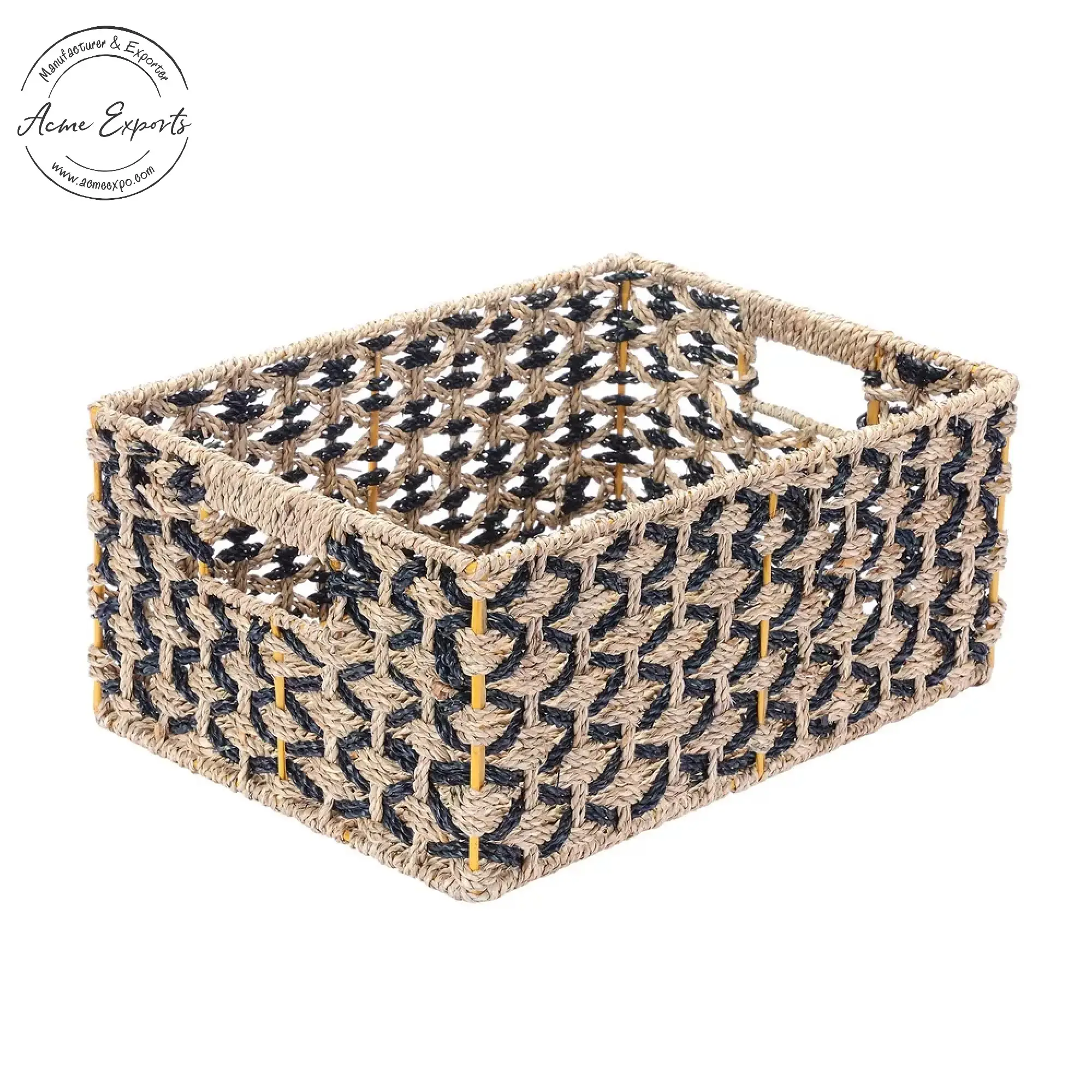 Luxury Quality Rectangular Natural and Black Seagrass Nesting Storage Basket to Store Home Essentials Toys and Decoration