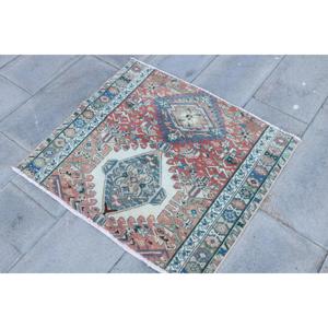 Turkish Small Rug 3.1x2.7 ft, <b>Red</b> Ikat Vintage <b>Wool</b> Rug - Product Image 3