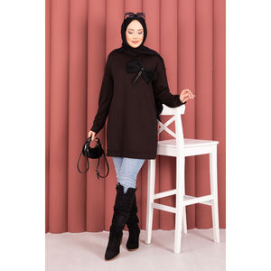 Túnica Hijab Marrón Oysho con Detalle de Lazo y Adornos de Piedras, Blusa de Chifón Estampada, Modesta, Formal, Casual, Blusa de Algodón con Bordado para Verano - Product Image 3