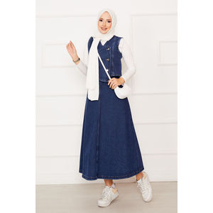 Conjunto de Dos Piezas de Mezclilla Azul Asimétrico - Top Corto Vintage y Falda Ajustada con Botones, Estilo Casual Urbano para Fiestas de Verano, Patchwork - Product Image 1